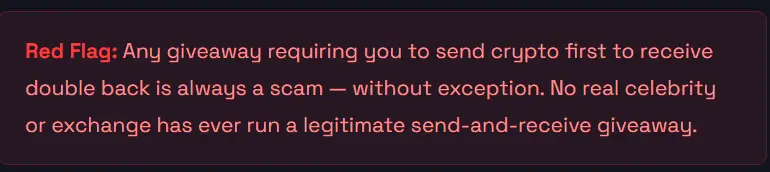 A red flag warning against "send-and-receive" crypto scams, clarifying that no legitimate celebrity or exchange will ever ask for funds to double your money.
