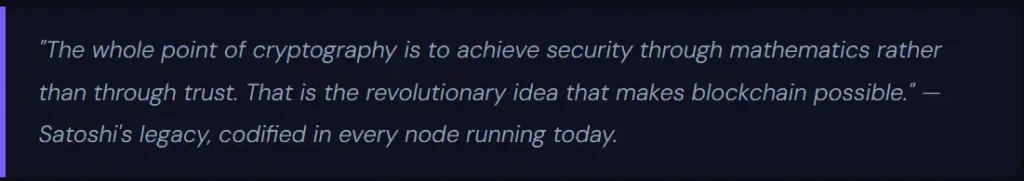 Callout box featuring a quote on the revolutionary nature of cryptography, emphasizing security through mathematics rather than trust as the foundation of blockchain.