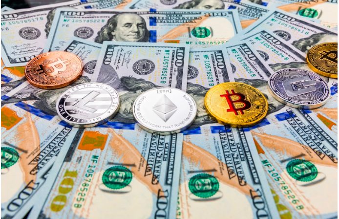 A bunch of gold and silver coins lined up, the coins have different cryptocurrency symbols on them. 