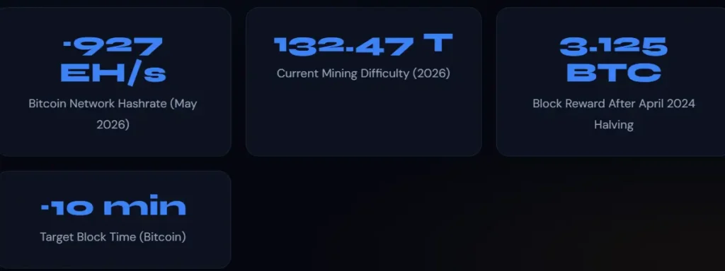Dashboard displaying live Bitcoin network data such as current mining difficulty at 132.47 T, the 3.125 BTC block reward, and the 10-minute target block time.