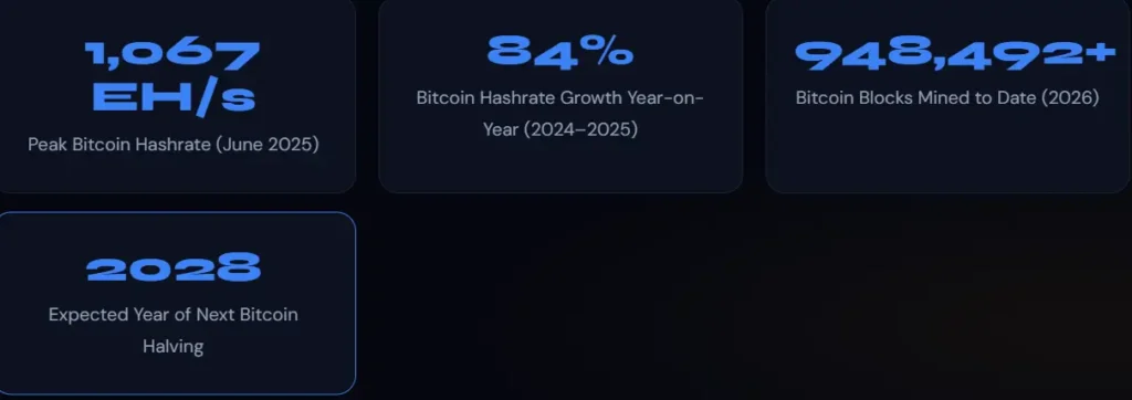 Cryptographic Nonce: Infographic showing Bitcoin mining metrics including a peak hashrate of 1,067 EH/s, year-on-year growth stats, total blocks mined, and the 2028 halving schedule.