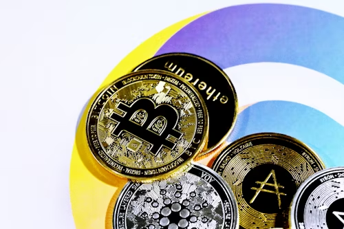 crypto market analysis; a bunch of crypto coins on a table
