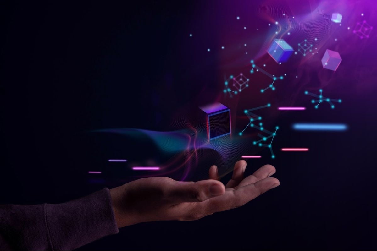 Digital image of blocks floating from hand