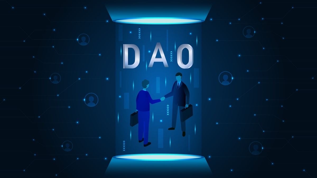 digital image of two men shaking hands under a DAO sign 