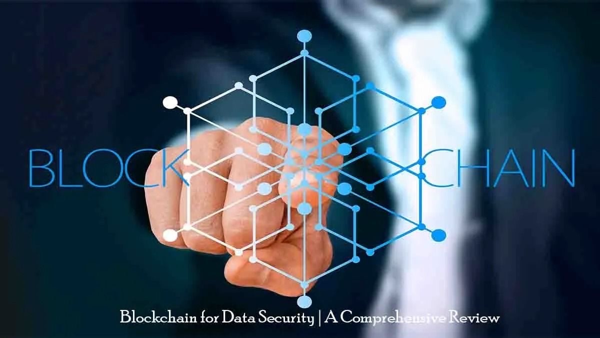 digital image of a hand pointing at an illustrated intertwined blocks with Blockchain written around it