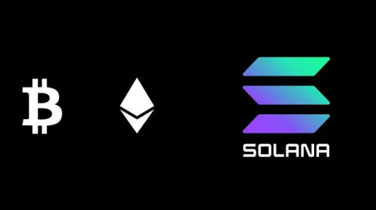 Bitcoin, Ethereum and Solana logo