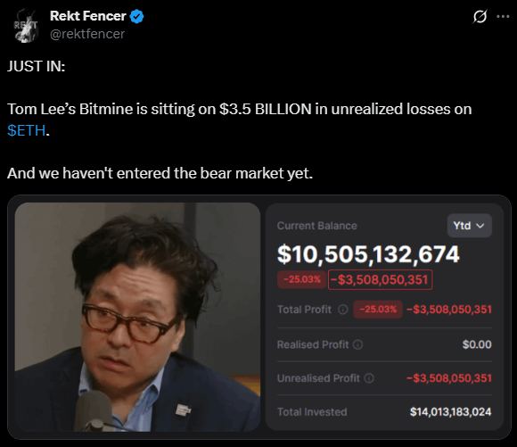 Rekt Fencer tweet on X on Bitmine loss