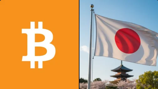 Bitcoin logo beside Japan flag