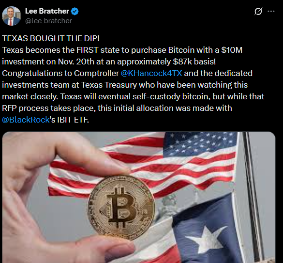 Lee Bratcher’s post on X confirming the purchase of Bitcoin by Texas