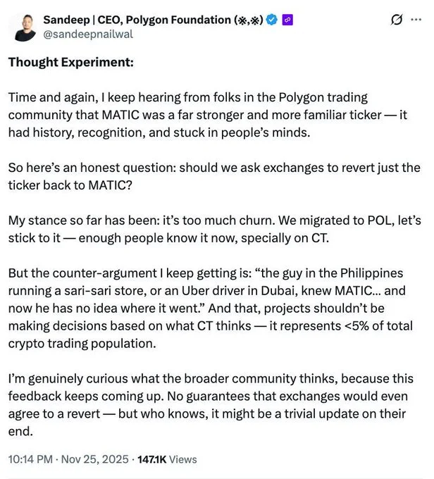 Polygon co-founder, Sandeep post on X