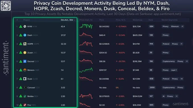 Ranking showing top 10 privacy coin projects by development