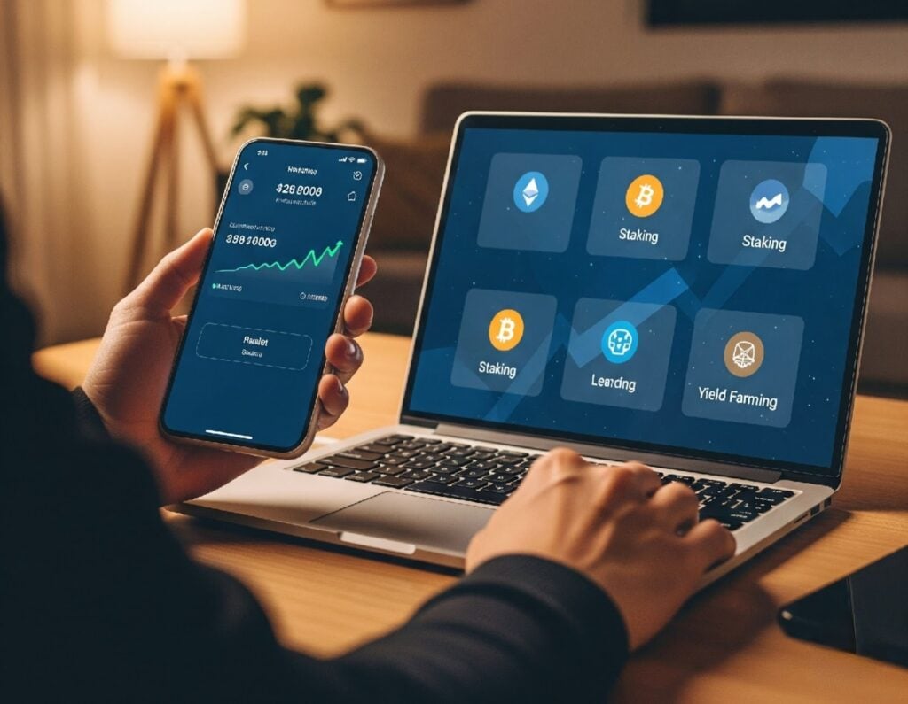 A man monitoring his multiple passive income options on his phone and laptop