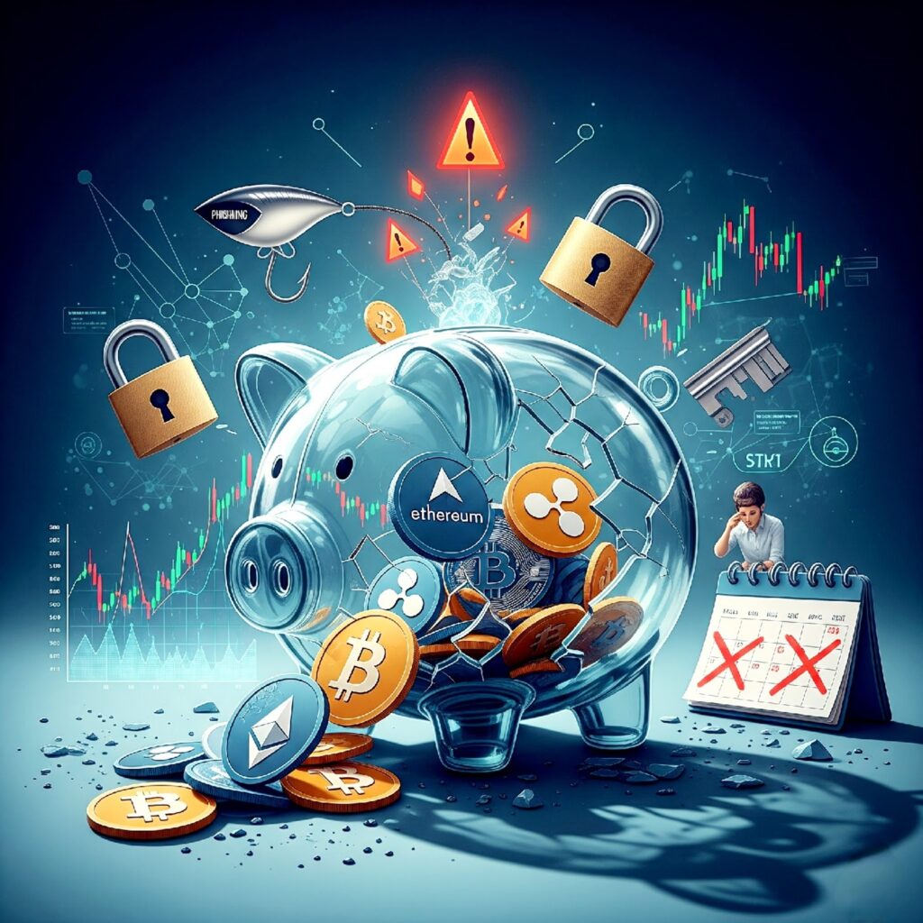 A cracked piggy bank containing different physical cryptocurrency coins.