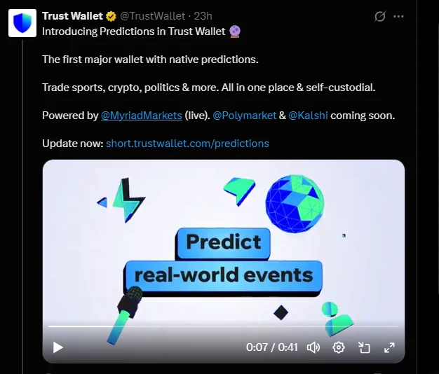 Trust wallet post on X introducing predictions in Trust wallet
