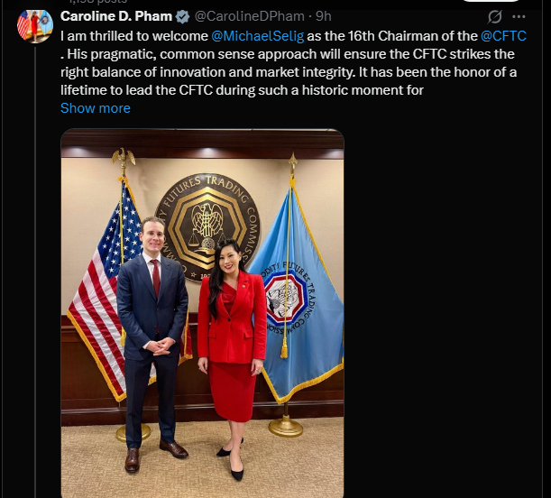 Caroline Pham post on X welcoming Michael Selig as the new chairman of CFTC