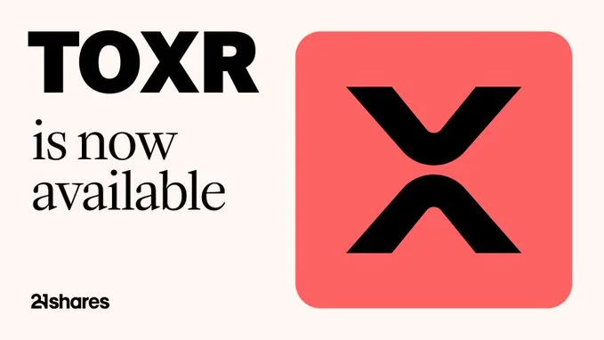 21shares announcing “TOXR is now available” with XRP logo