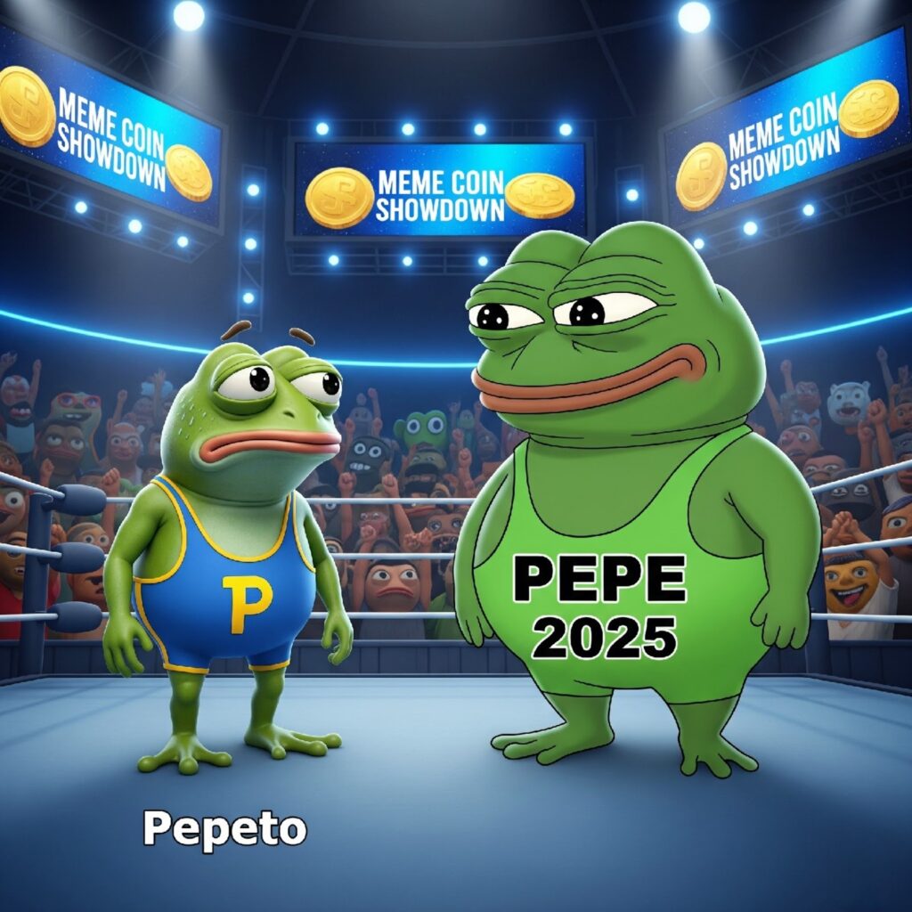 An image showing PEPE and Pepeto frog heads in a boxing ring.