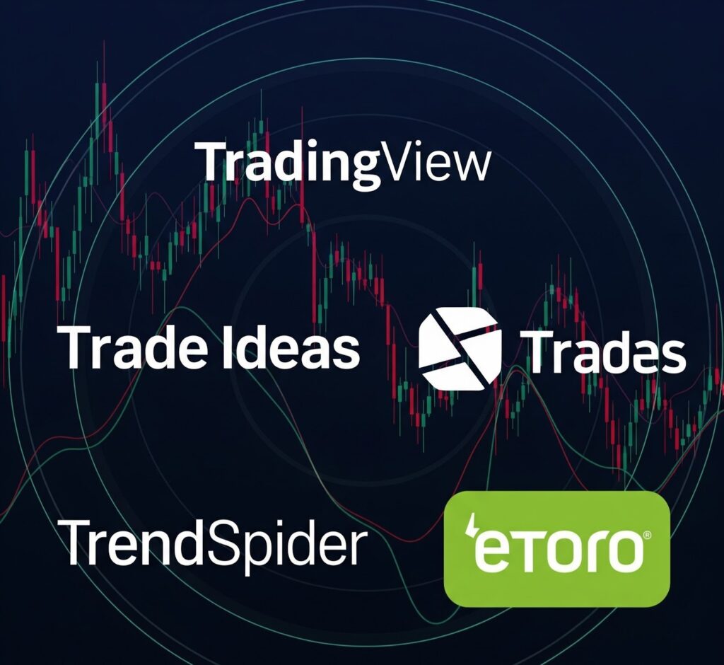  An image with a dark background, trading candle stocks, and icons of platforms offering trading signals.