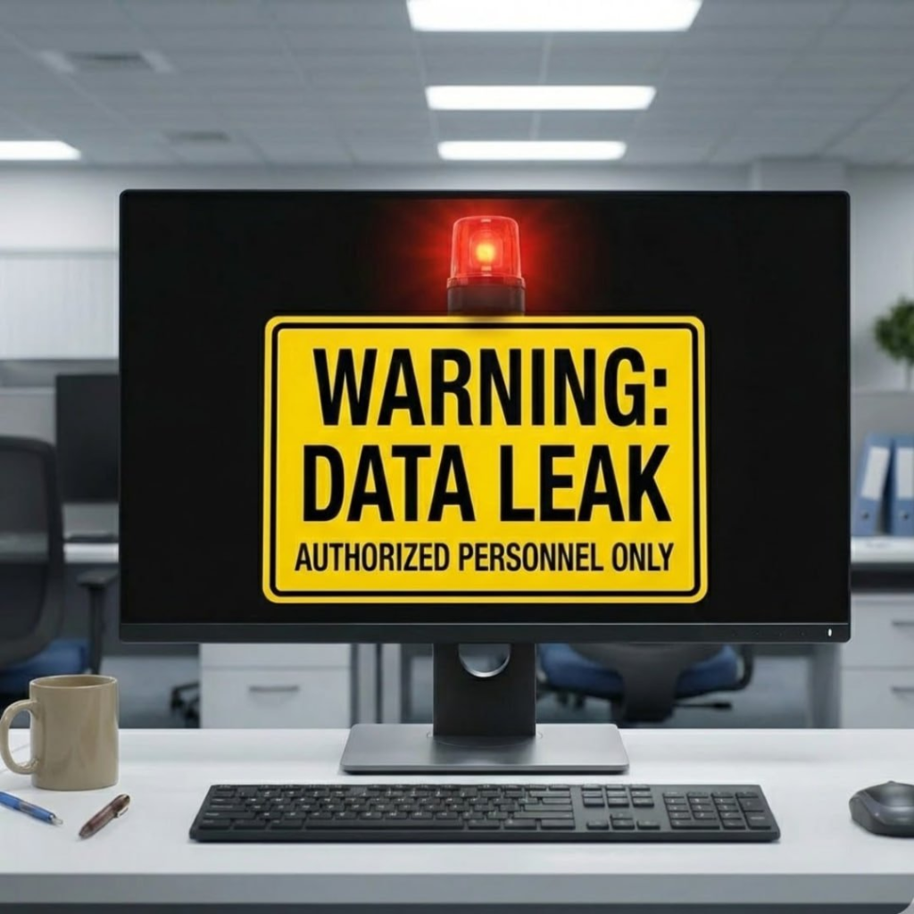 Sign showing “Warning: Data leak. Authrorized personnel only”