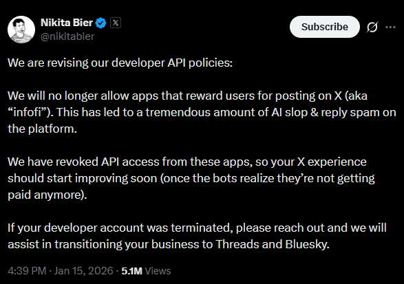 Nikita Bier post on X 