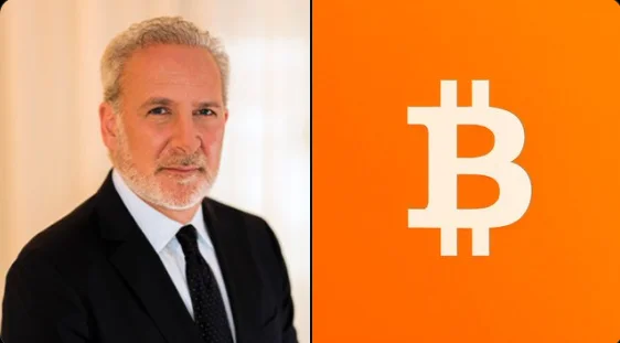 Peter Schiff photo and Bitcoin logo