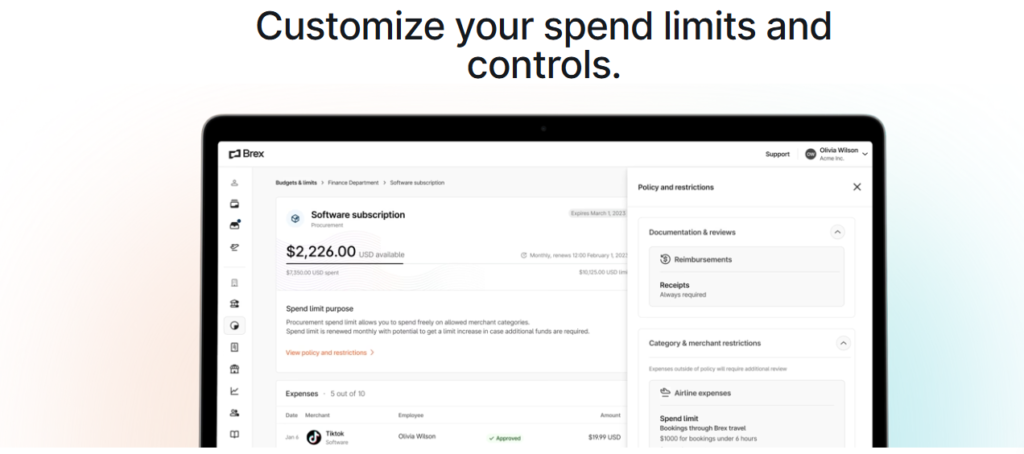 Brex spend limits and control customization page
