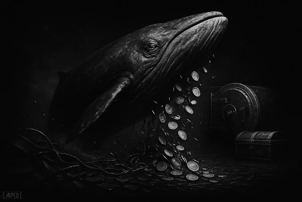 A picture of a whale with coins falling off from it mouth.