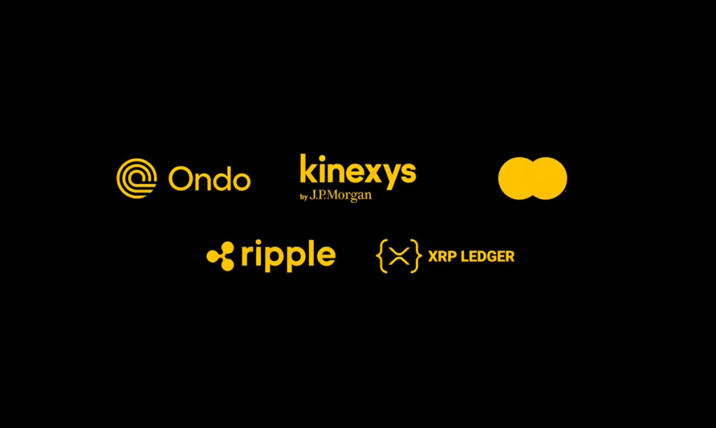 Logos of Ondo Finance, Kinexys by JPMorgan, Mastercard, Ripple, and XRP Ledger displayed together following a blockchain-based tokenized Treasury settlement partnership announcement. 
