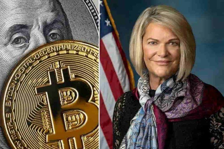 U.S. Senator Cynthia Lummis with Bitcoin logo