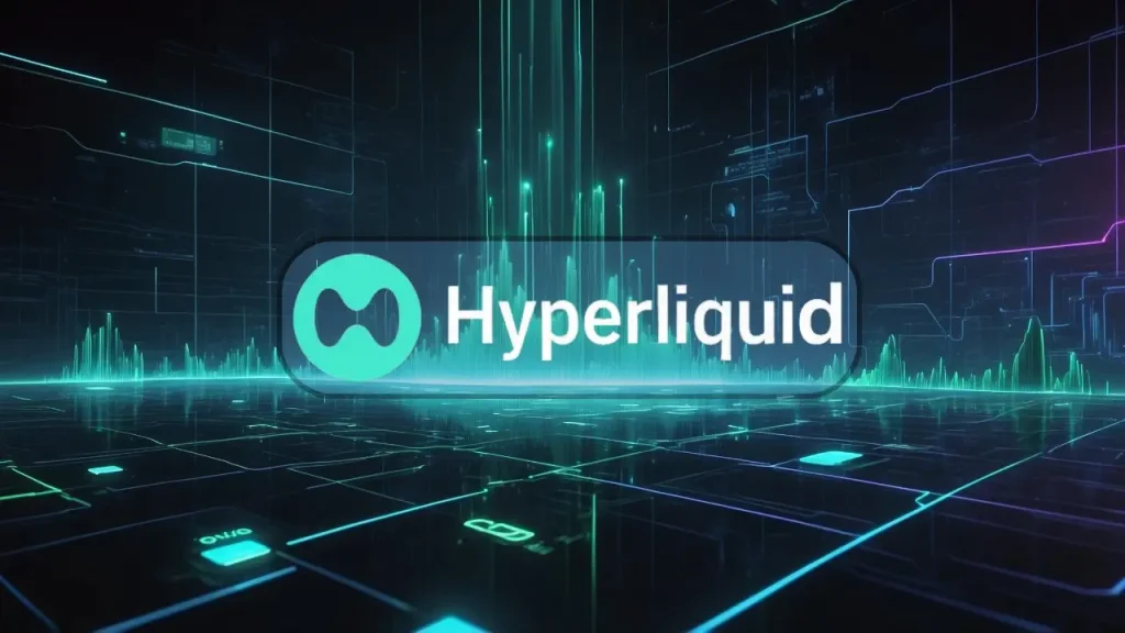 Futuristic Hyperliquid banner featuring the Hyperliquid logo and name centered on a glowing neon-blue digital trading interface