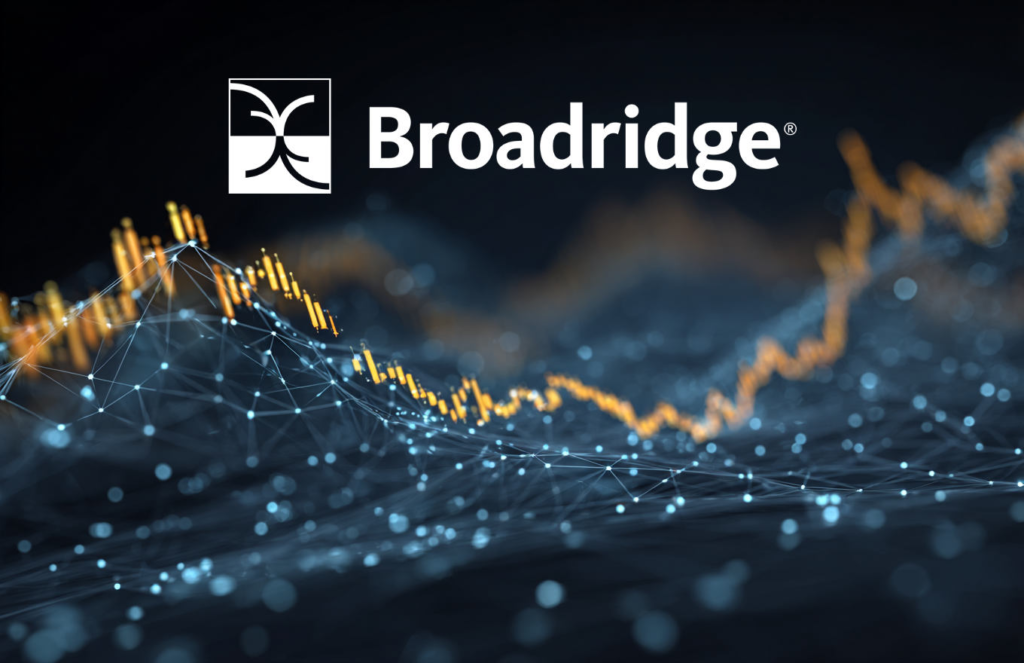 Broadridge logo displayed above a futuristic financial data visualization featuring glowing network connections and rising market chart lines.