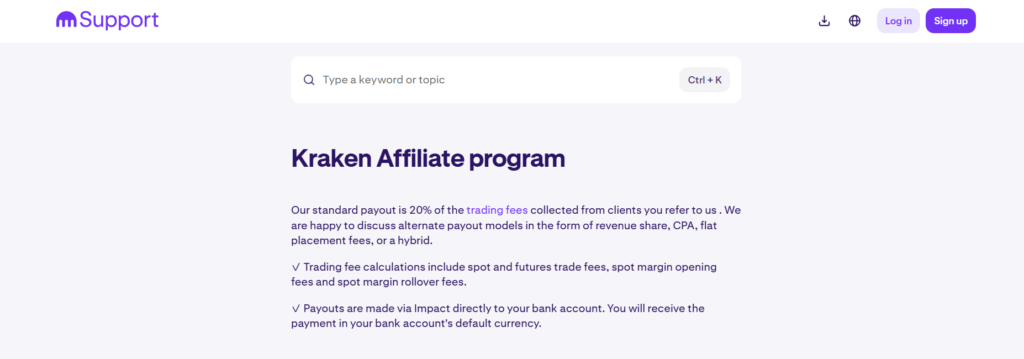 The homepage of Kraken Affiliate Program