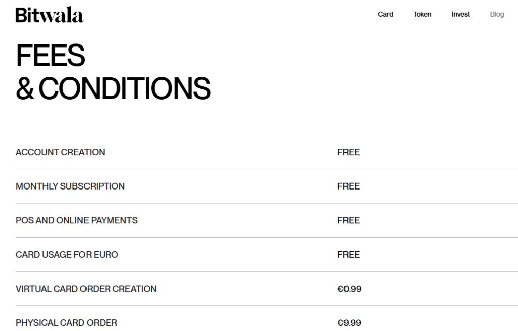 Bitwala Fees and Conditions