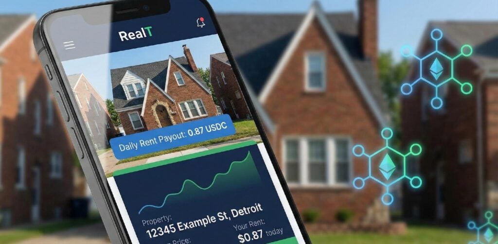 A smartphone showing the homepage of a tokenized real estate platform