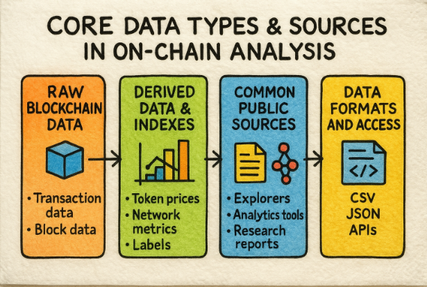 image showing the core data types and sources in on-chain analysis