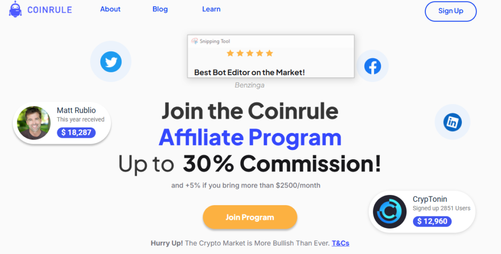 Coinrule Affiliate Program page