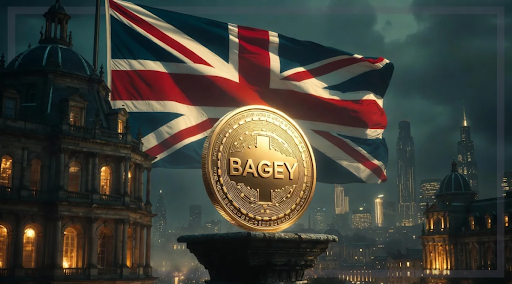 Gold BAGEY token displayed in front of a large United Kingdom flag, with London's skyline and historic buildings in the background