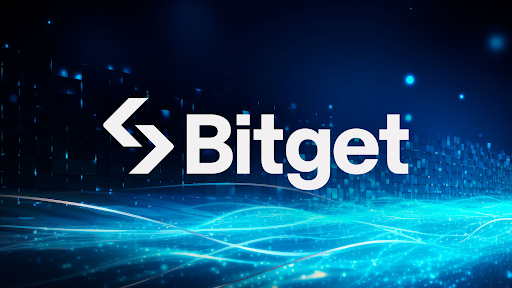 Bitget logo displayed prominently against a futuristic blue digital background with glowing data streams and geometric patterns.