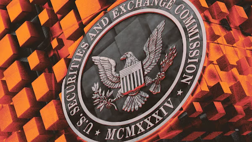 U.S. Securities and Exchange Commission (SEC) seal overlaid on an abstract background of orange three-dimensional cubes.