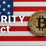 Clarity Act Has Until Aug. 7 to Be Signed Into Law Gold Bitcoin coin displayed beside the words "CLARITY Act" against the backdrop of the United States flag.