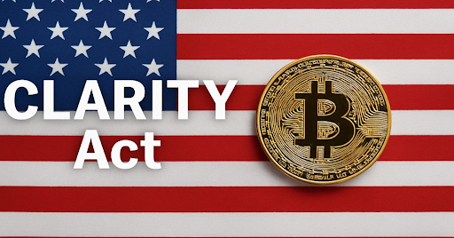 Gold Bitcoin coin displayed beside the words "CLARITY Act" against the backdrop of the United States flag.