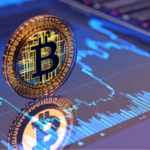 $221M Flows Into Bitcoin ETFs, Snapping 10-Day Outflow Streak Bitcoin coin standing upright on a digital trading screen displaying blue price charts and volume bars.