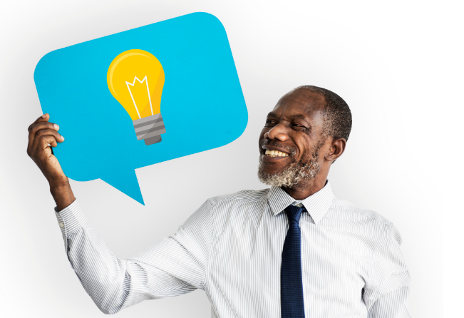 Happy man holding light bulb symbol