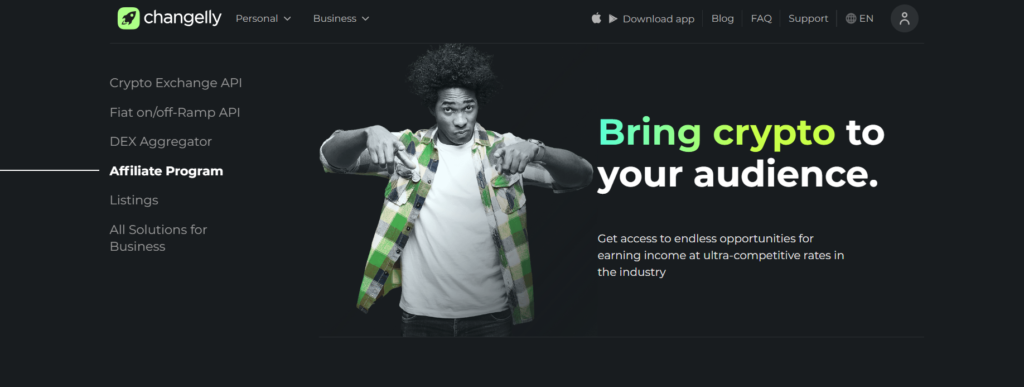 Landing page of Changelly Affiliate Program