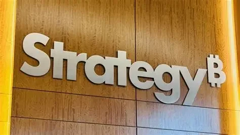 Strategy₿ logo mounted on a wood-paneled office wall with warm ambient lighting.