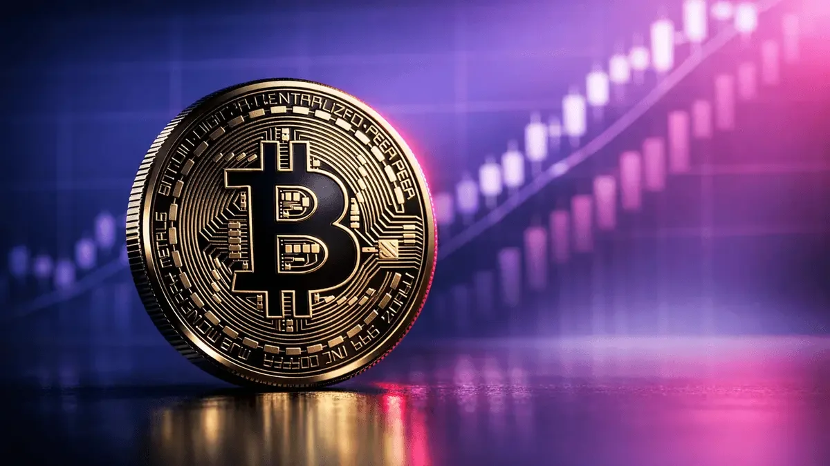 A gold Bitcoin coin standing upright in the foreground, with an upward-trending candlestick price chart blurred in the background.