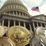 Ethics-Crypto-Market-Structure-Concerns-Blockchain-Ceo Gold Bitcoin and Ethereum coins displayed in the foreground with the United States Capitol building and an American flag in the background.