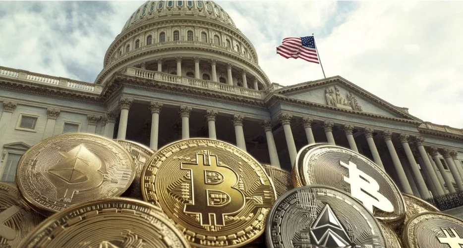 Gold Bitcoin and Ethereum coins displayed in the foreground with the United States Capitol building and an American flag in the background.