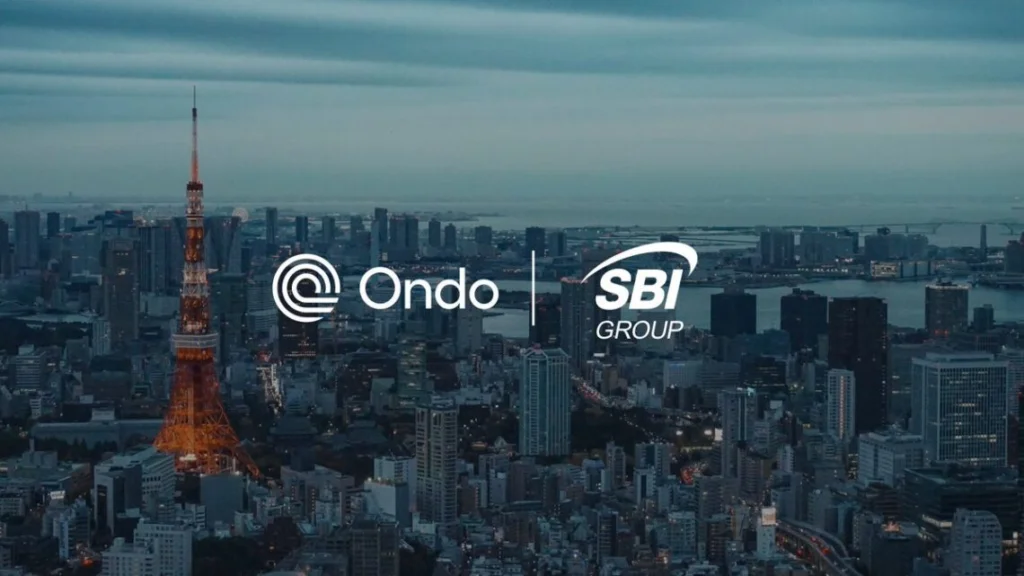 Tokyo skyline at dusk featuring Tokyo Tower, with the Ondo and SBI Group logos displayed prominently in the center. The image symbolizes the partnership between Ondo Finance and SBI Group to advance tokenization, digital assets, and blockchain-based financial services in Japan.