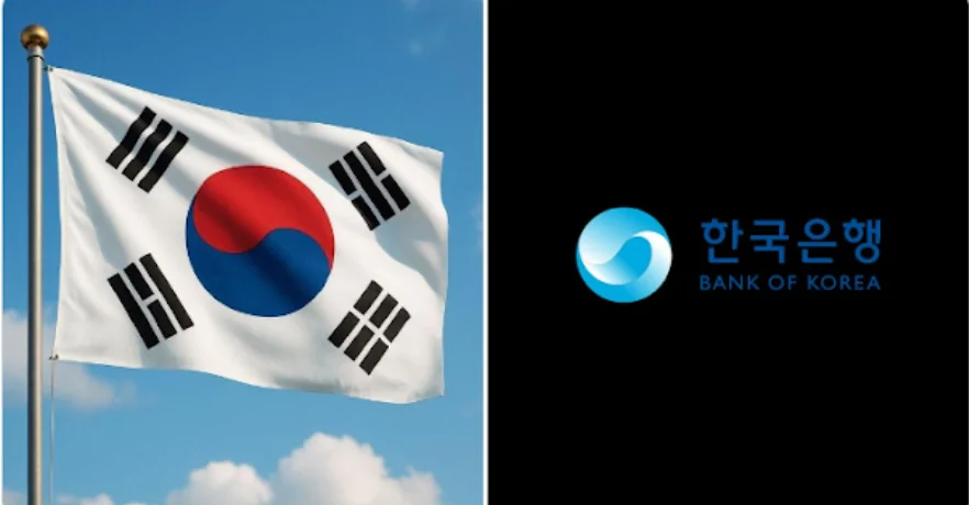 Split-screen graphic featuring the South Korean flag on the left and the Bank of Korea logo on the right against a black background.